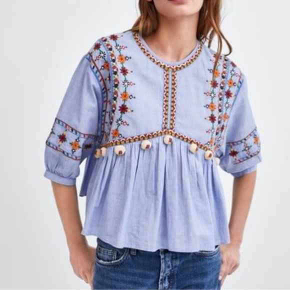 ZARA TRF Collection Embroidered Puff Sleeve Oversized Top – Size Large - Picture 1 of 6